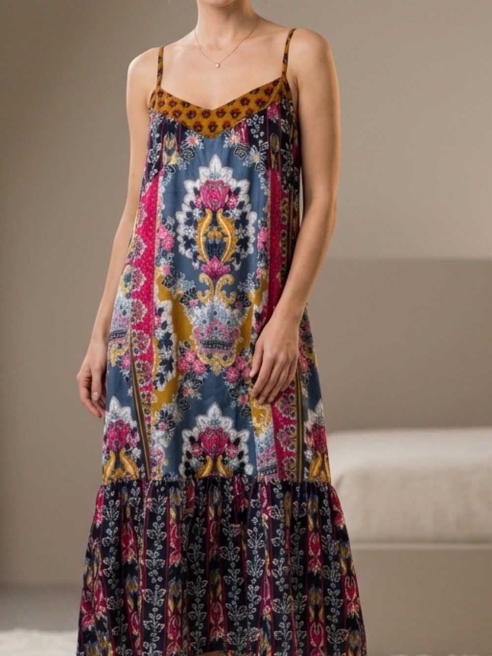 Anthropologie Stunning Velvet Spaghetti Strap Dress in Blue, Pink & Gold M NWOT